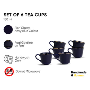 Ceramic Tea Cup Set | Blue with Real Gold Line | 180ml | Set of 6 | Gold Line Collection