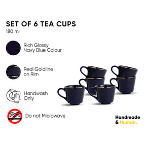 Set of 6 navy blue tea cups with gold rims on a white background, featuring product details and branding.