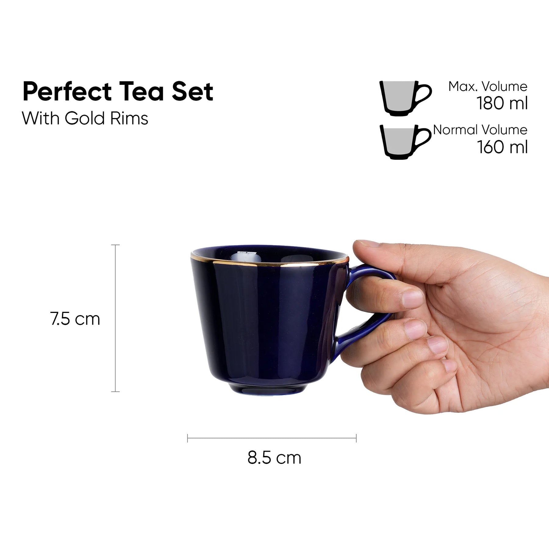 Navy blue mug with gold rim held by a hand, showing dimensions and volume details on a white background.