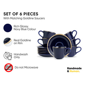 Set of 6 navy blue dinnerware pieces with gold rims on a white background