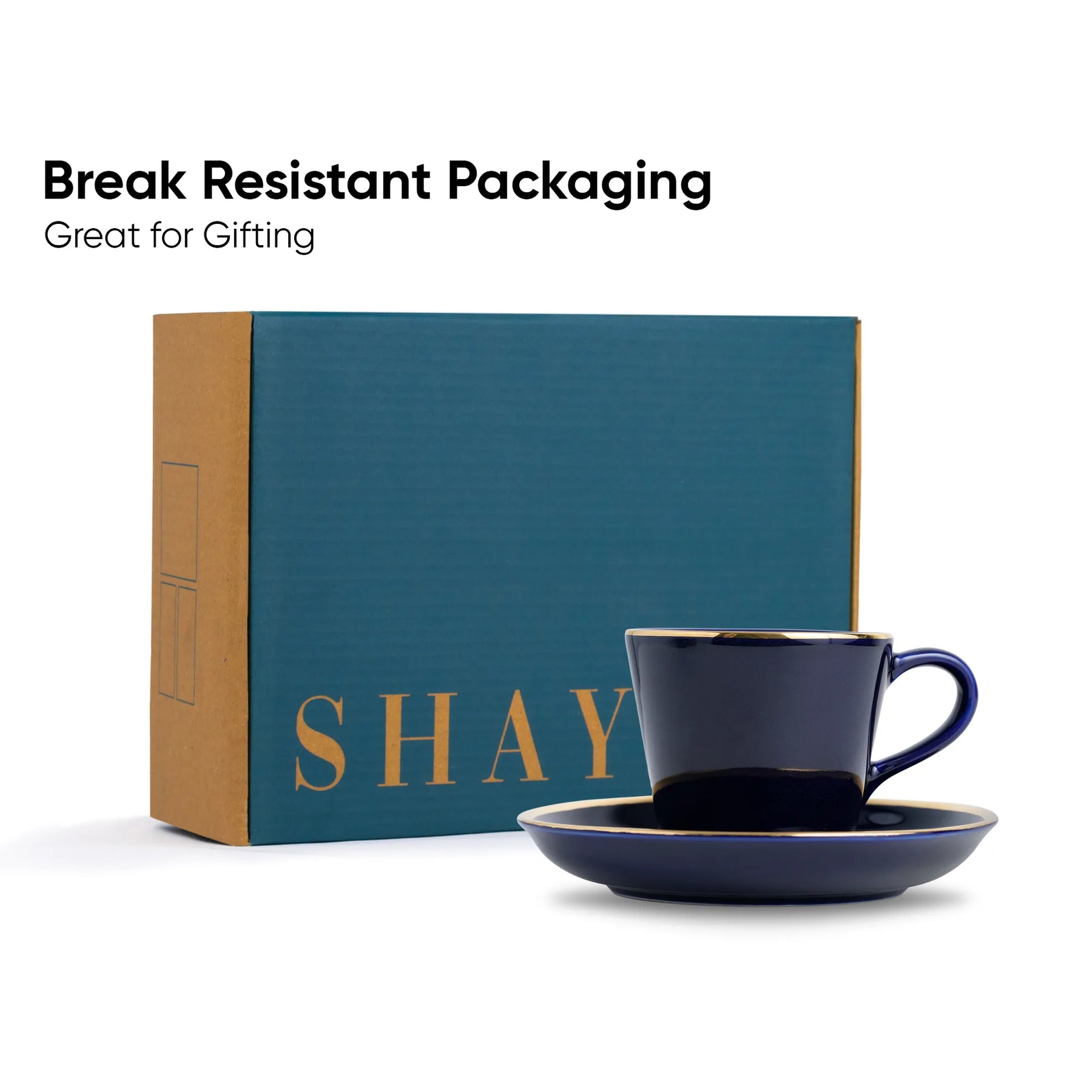 Navy blue cup and saucer set with 'SHAY' branding on a white background