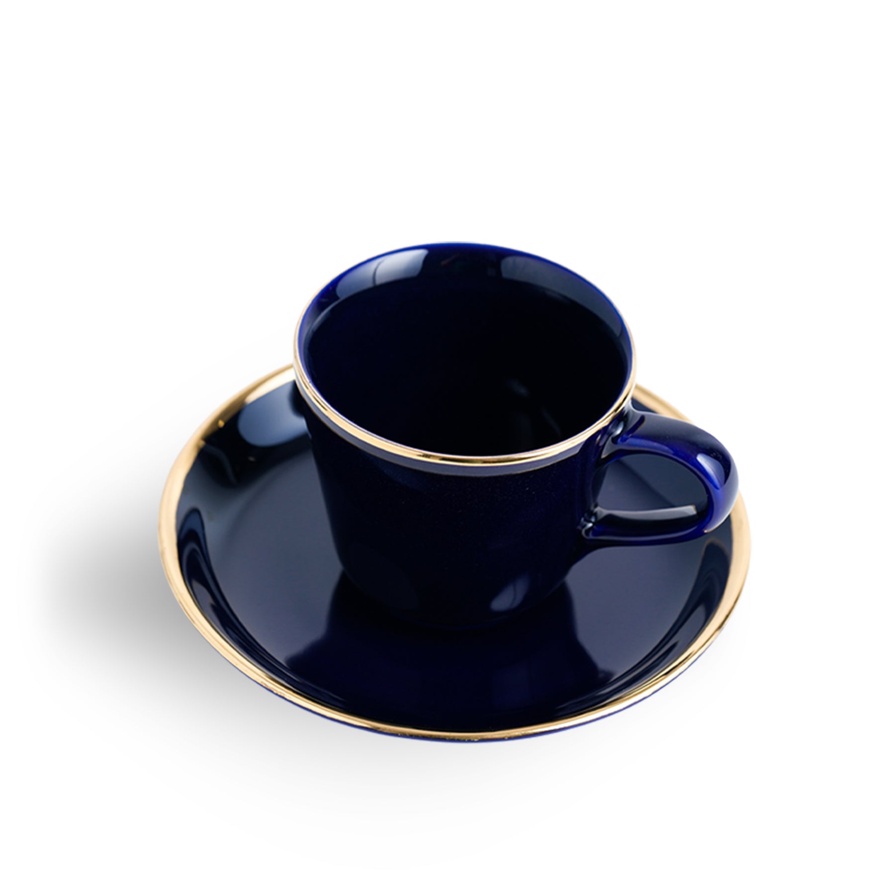 Ceramic Tea Cup Saucer Set, Set of 6, Navy with Real Gold Line, 180ml