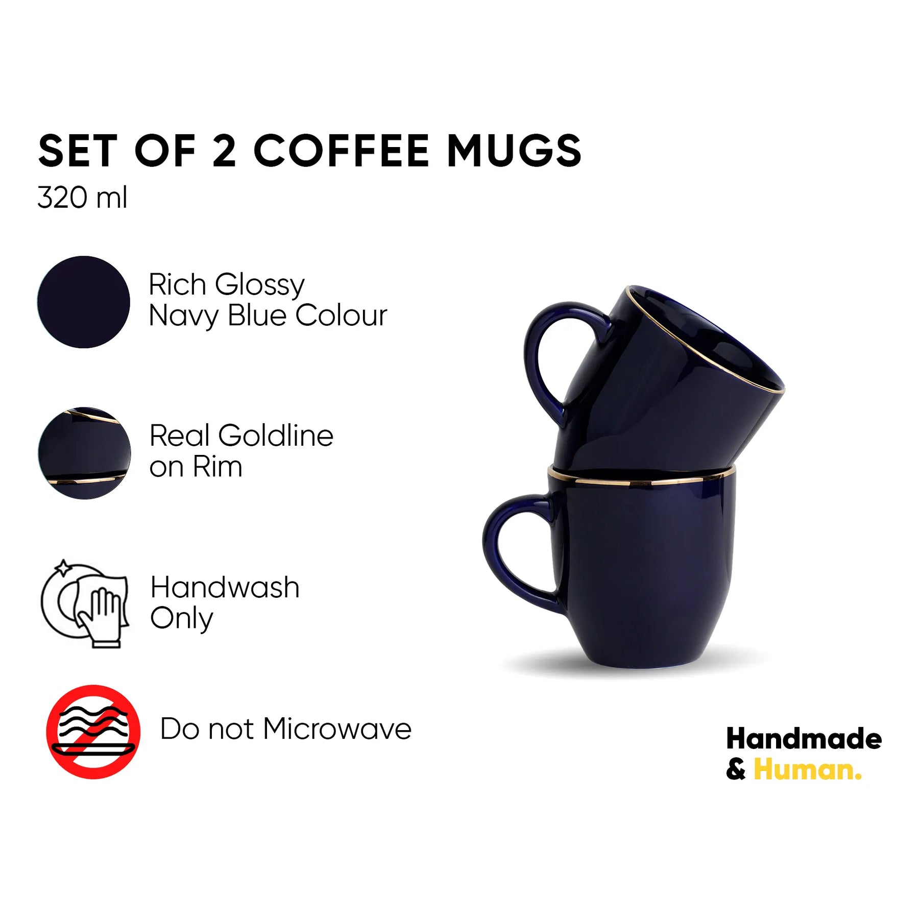 Set of 2 navy blue coffee mugs with gold rim on a white background, featuring product details and branding.
