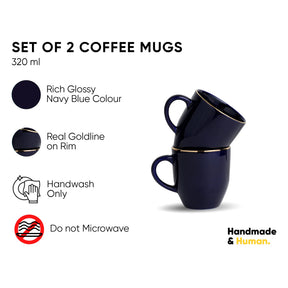 Set of 2 navy blue coffee mugs with gold rim on a white background, featuring product details and branding.