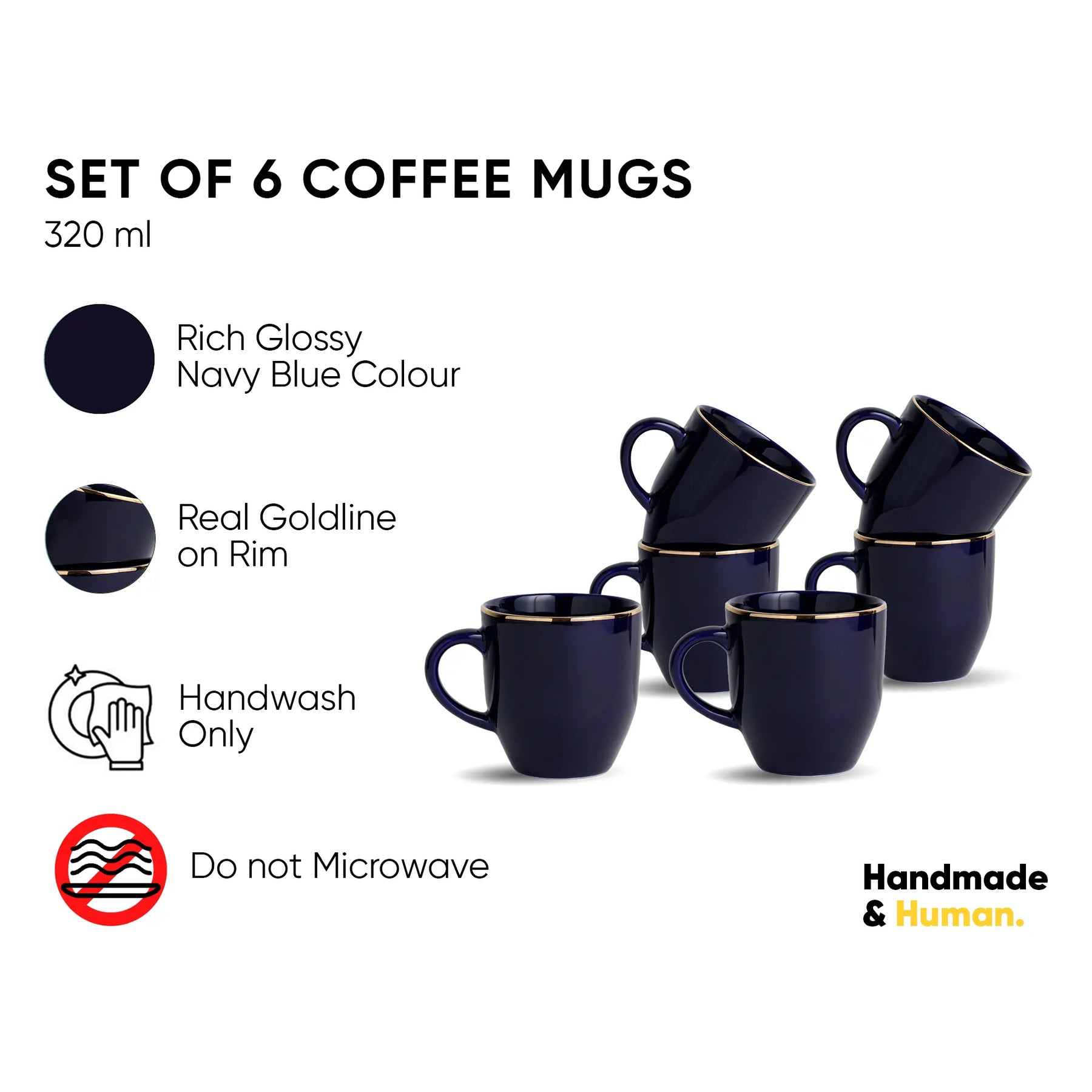Set of 6 navy blue coffee mugs with gold rims on a white background, featuring product details and branding.
