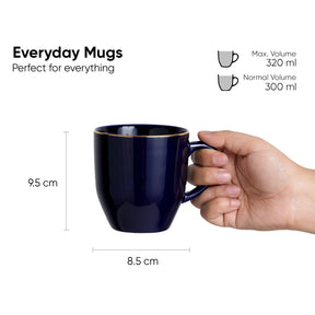 Navy blue mug held by a hand with dimensions and volume information on a white background