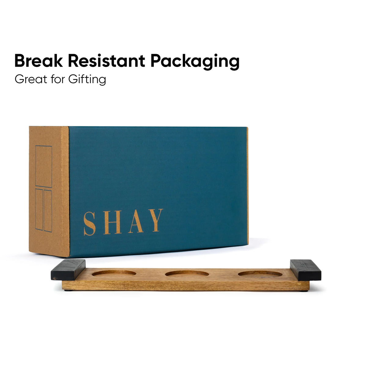 Wooden tray with 'SHAY' branding and break-resistant packaging text on a white background