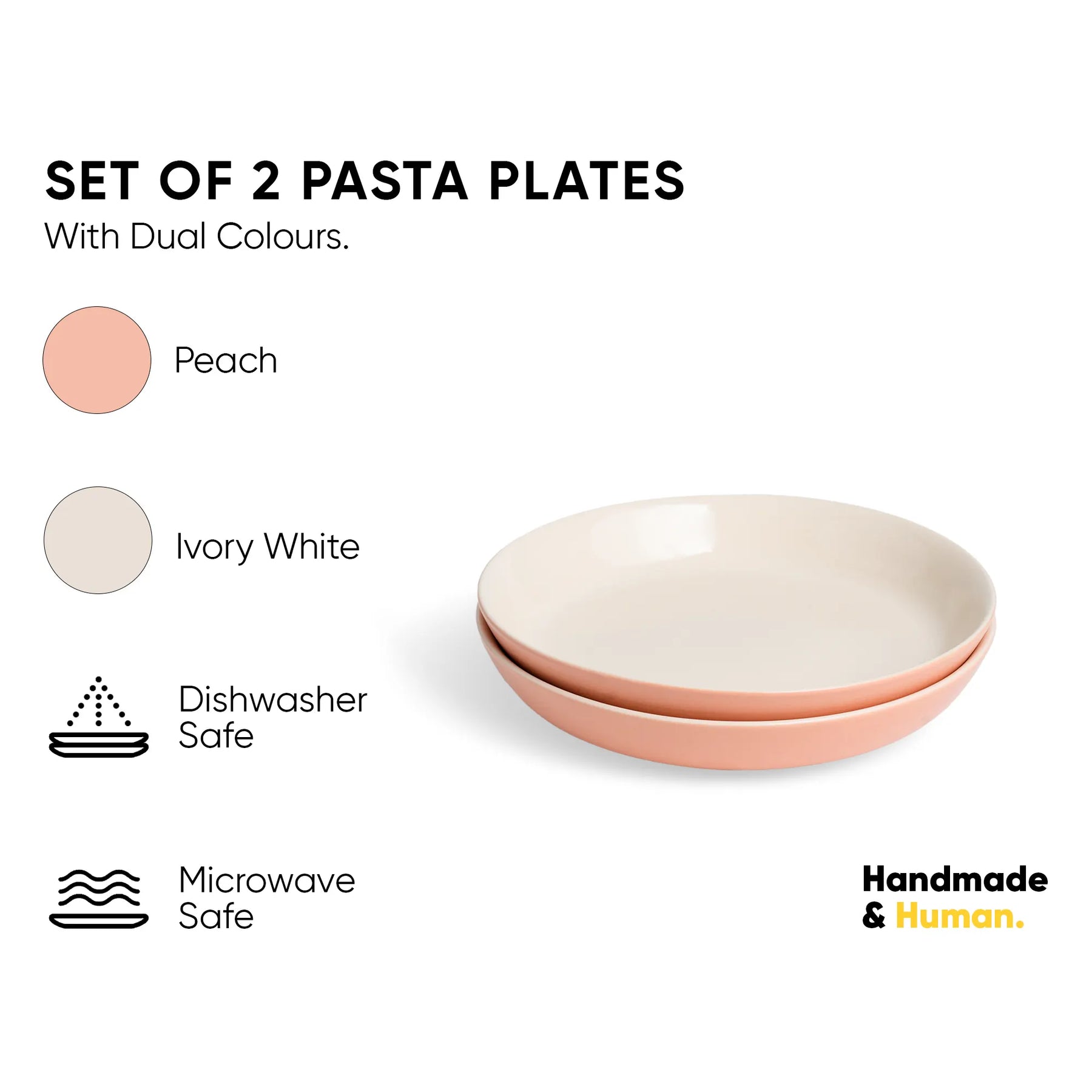 Set of 2 pasta plates with dual colors on a white background, featuring 'Handmade & Human' branding.