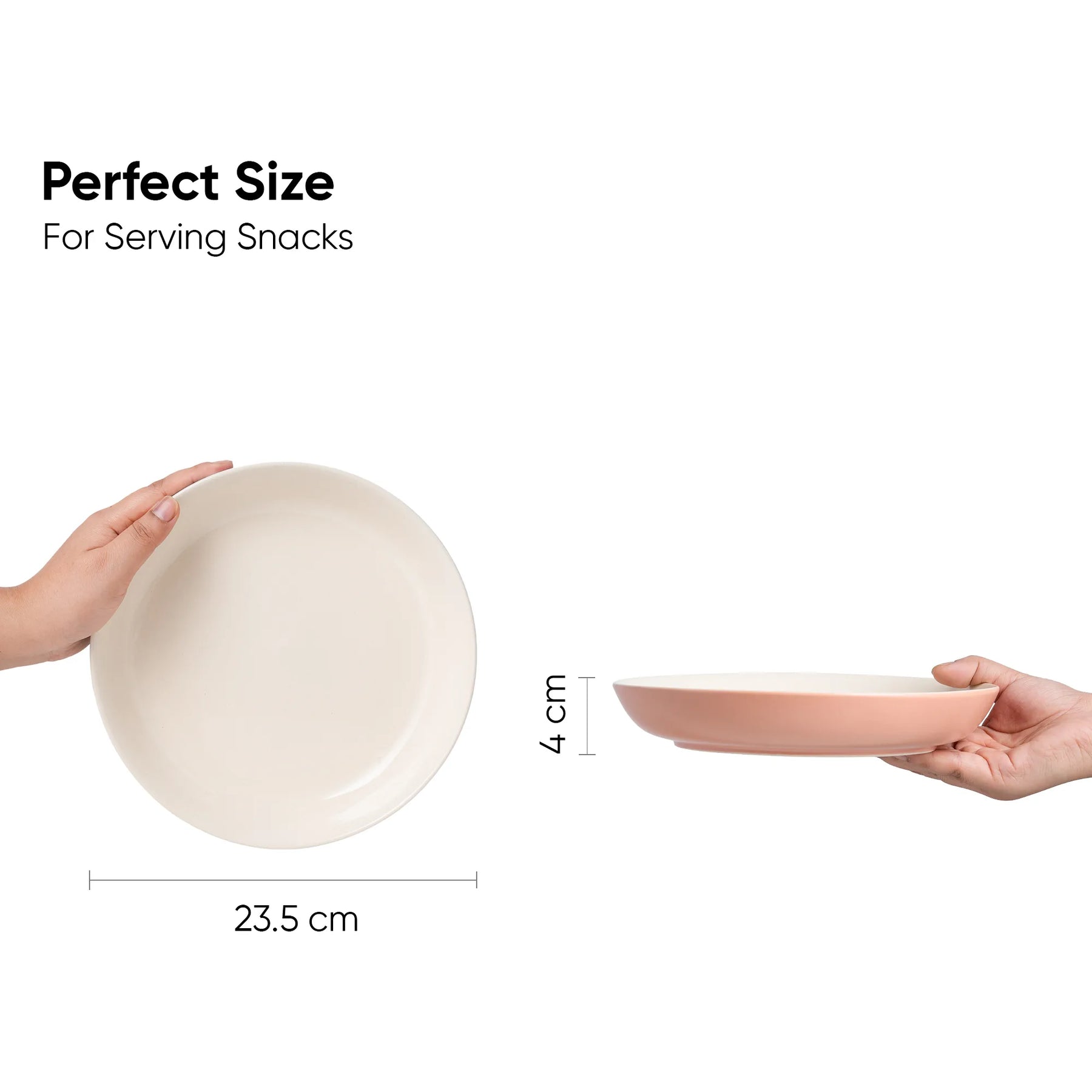 Measurement chart showing a bowl's perfect size for serving snacks with hands holding the bowl.