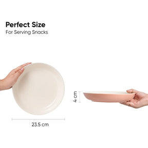 Measurement chart showing a bowl's perfect size for serving snacks with hands holding the bowl.