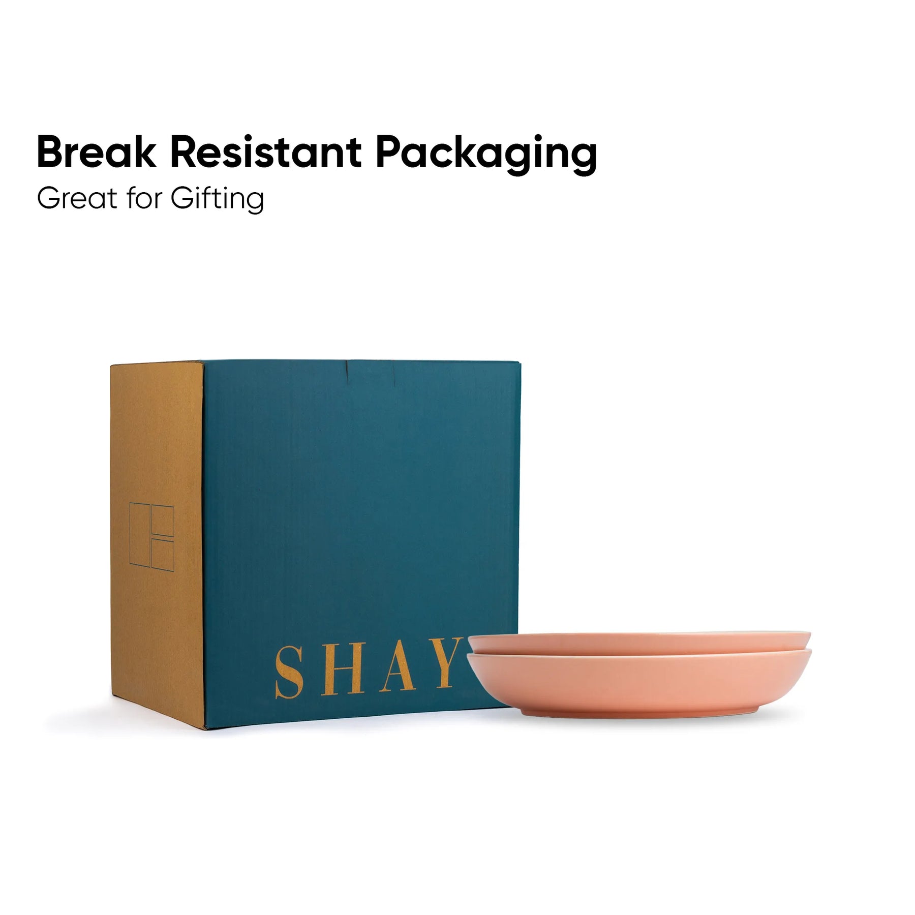 Teal box with 'SHAY' branding and a pink bowl on a white background