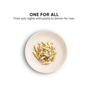 Plate of pasta with text 'ONE FOR ALL' on a white background