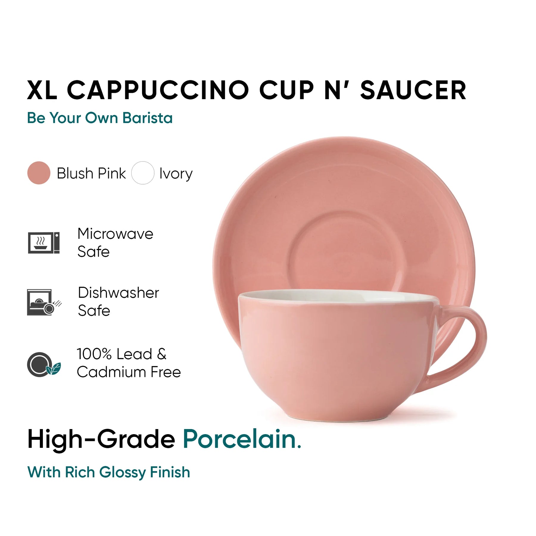 Pink cappuccino cup and saucer set with product details on a white background