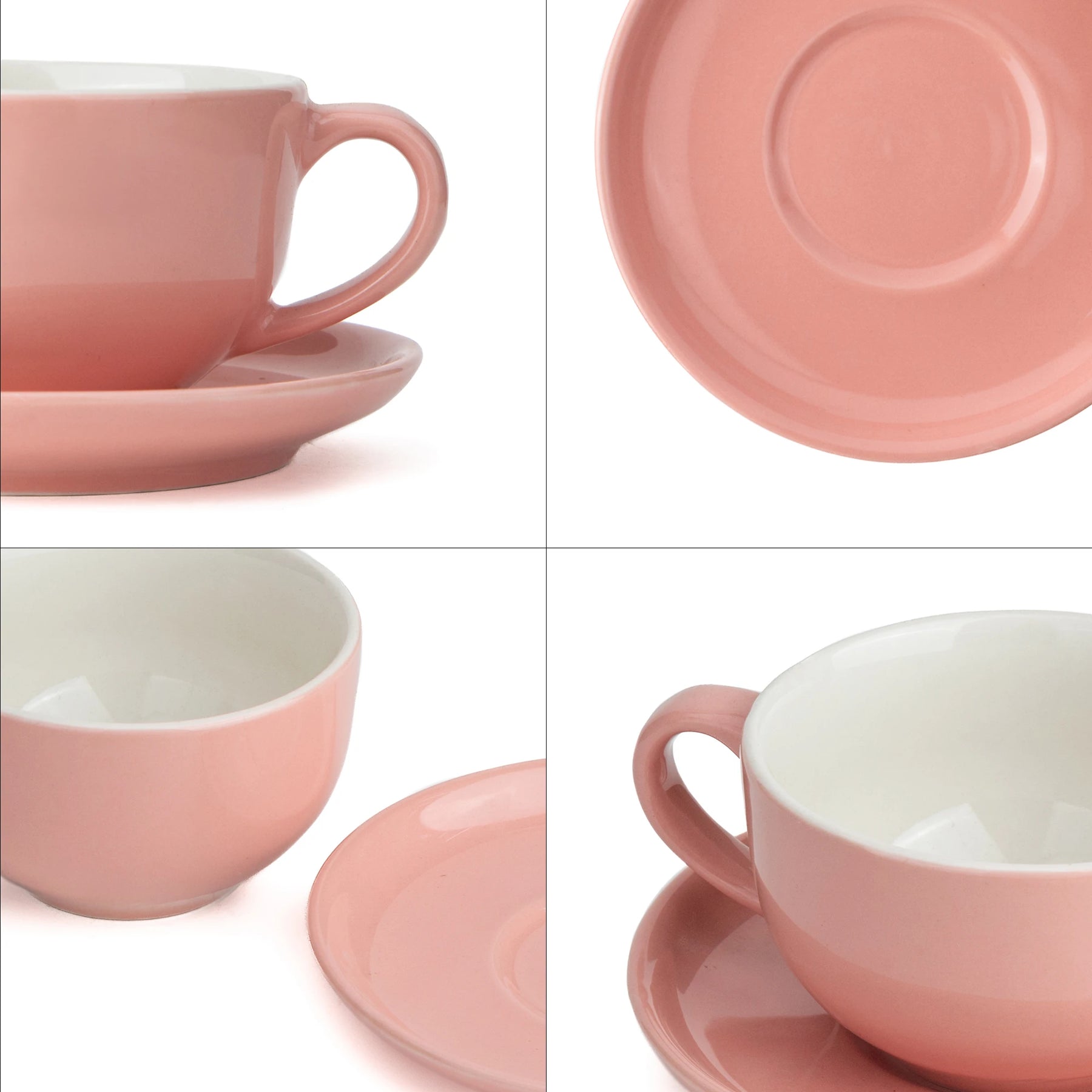 Set of pink ceramic cups and saucers on a white background