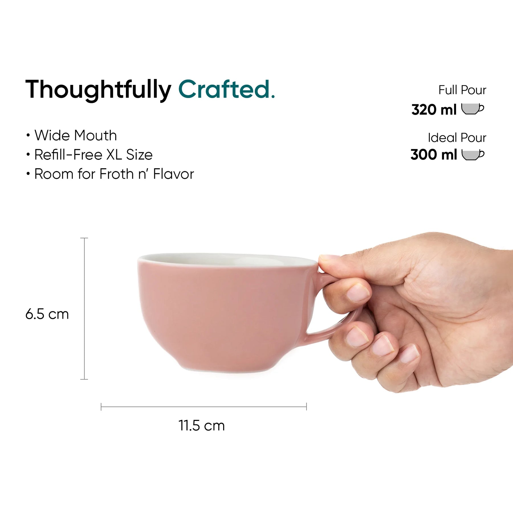 Pink mug held by a hand with product details on a white background