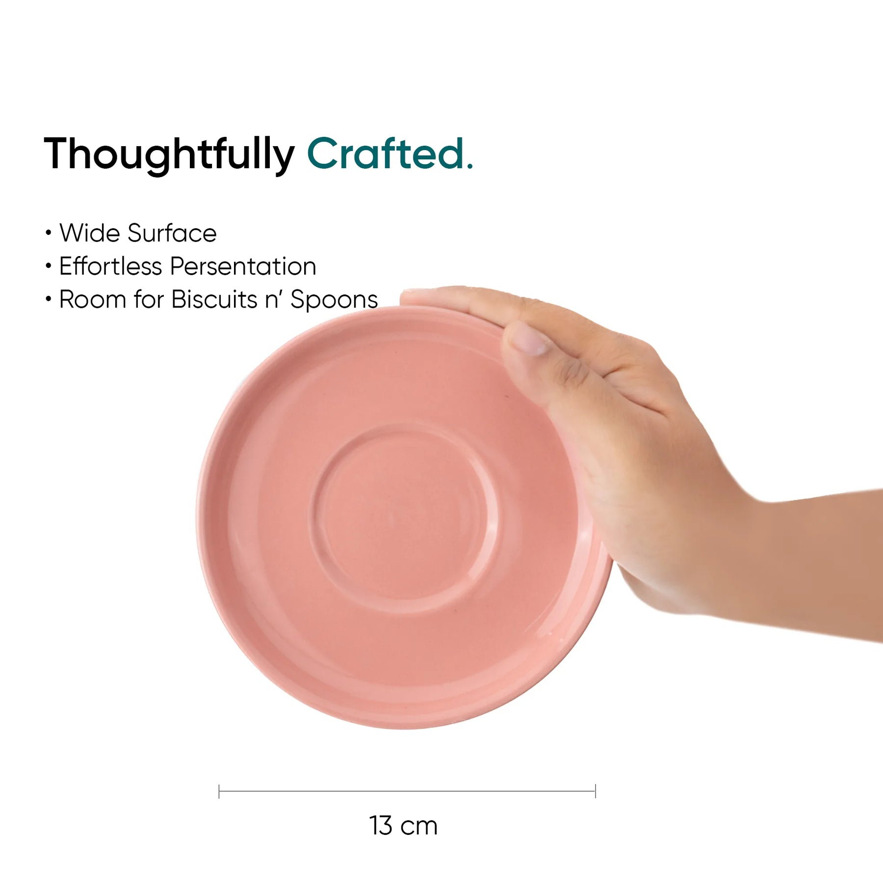 Hand holding a pink plate with text about its features on a white background