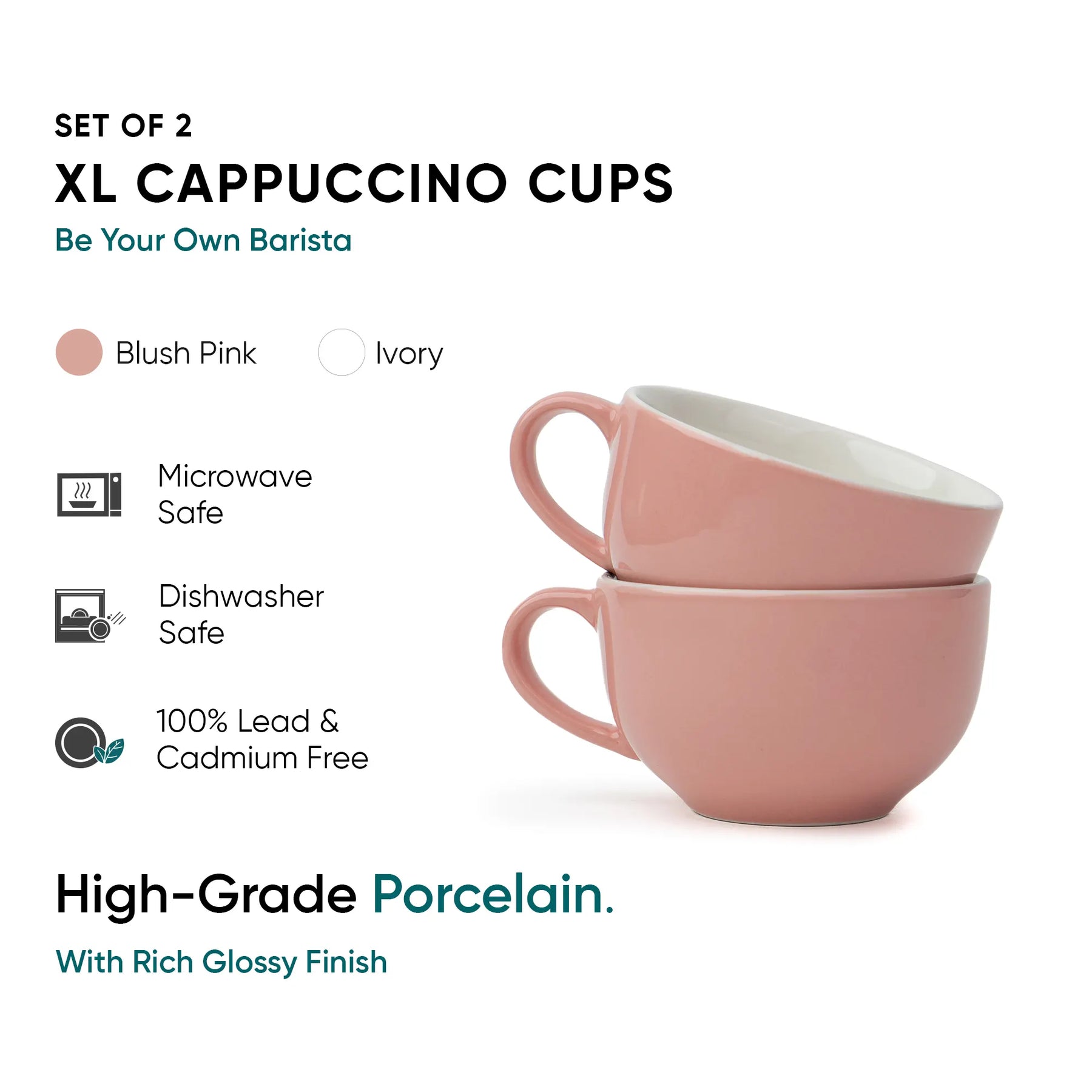 Set of 2 XL Cappuccino Cups in blush pink with product details on a white background