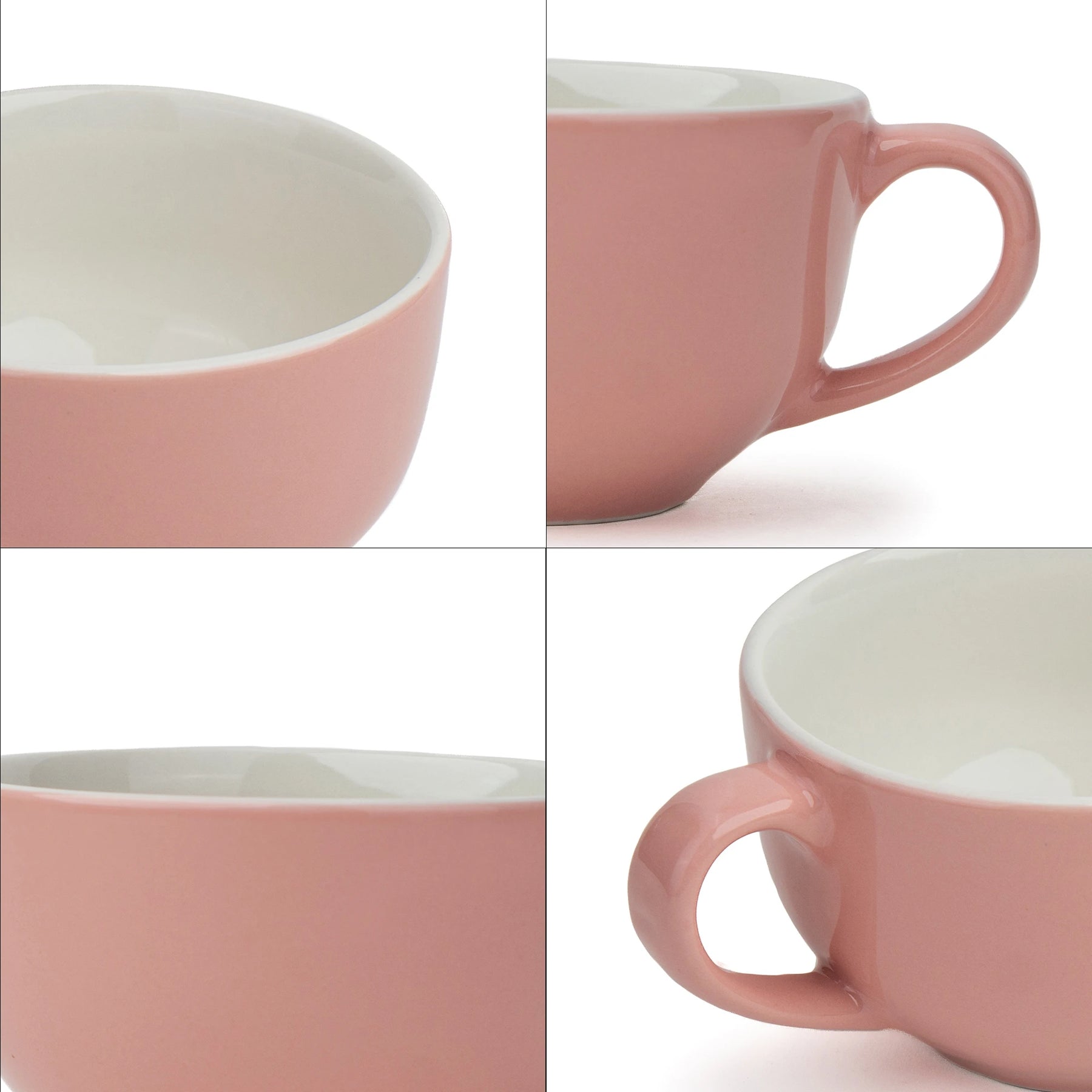 Collage of a pink ceramic mug from different angles on a white background