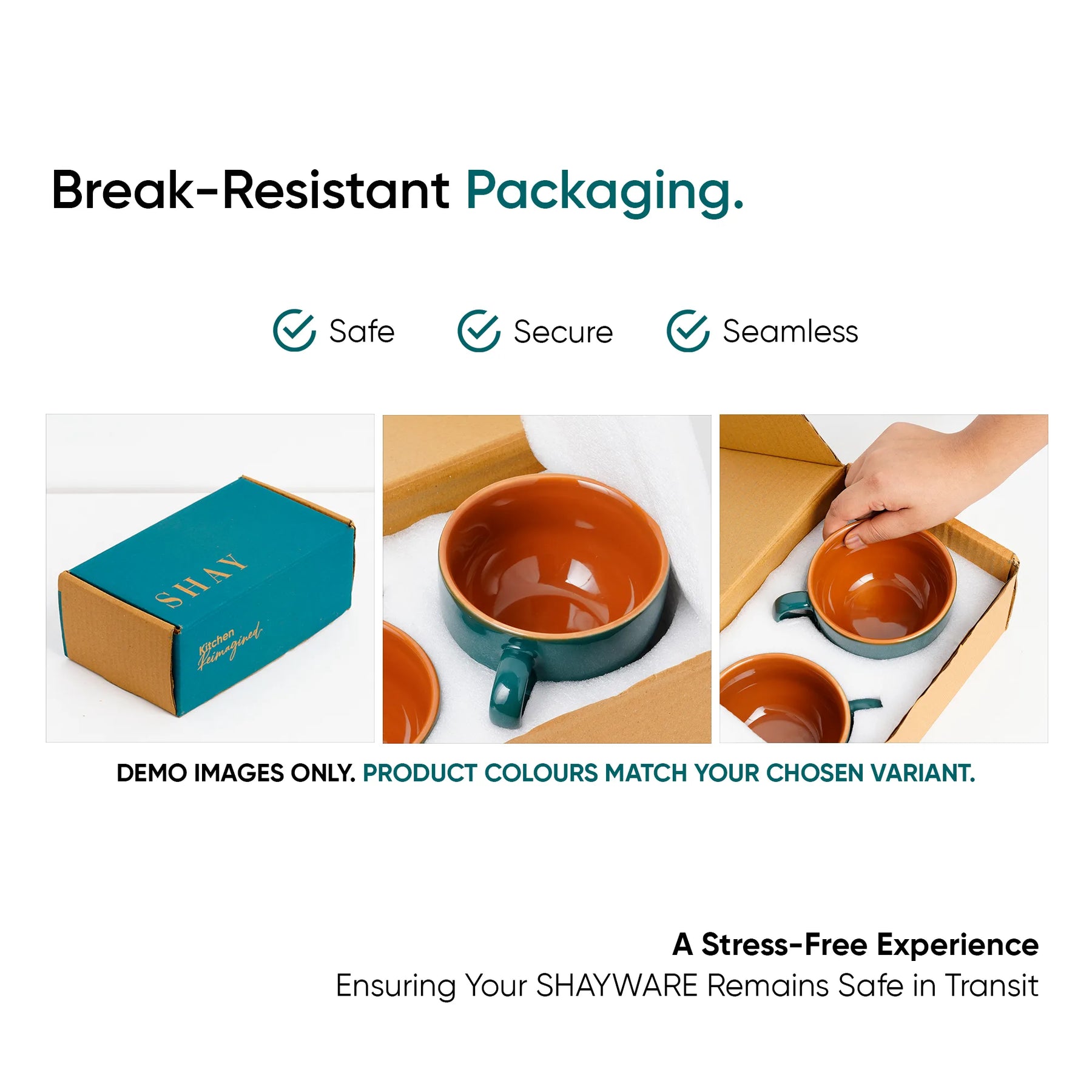 Advertisement for break-resistant packaging with SHAY mugs and boxes.