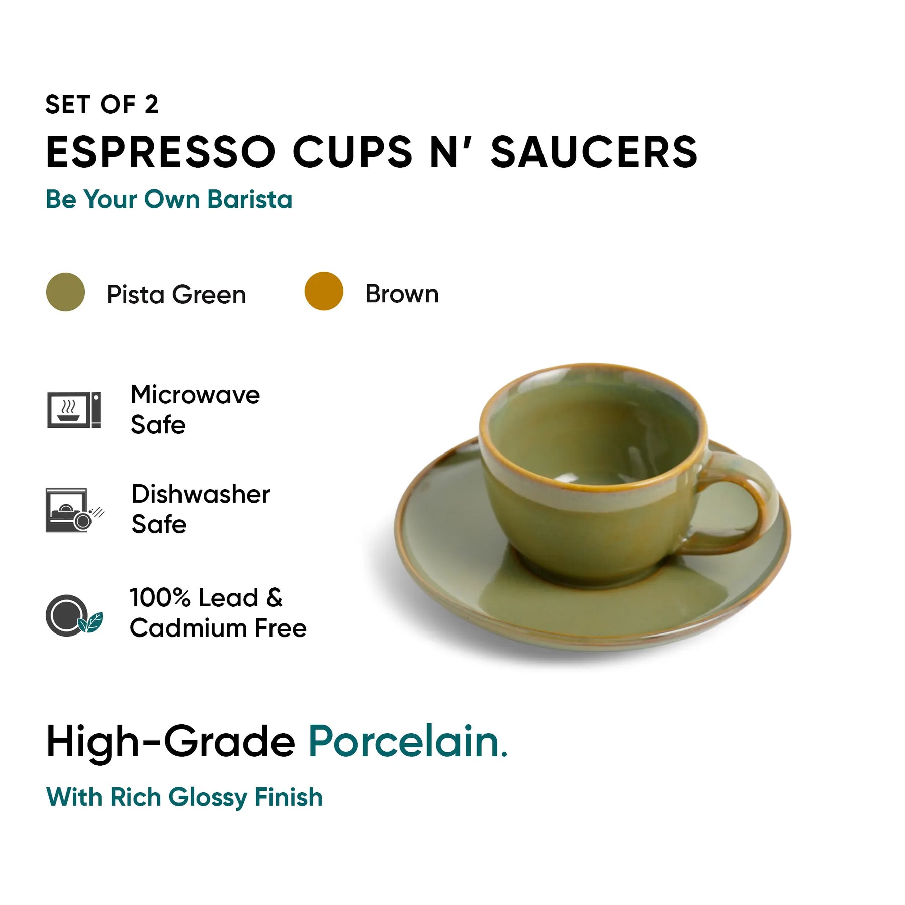Set of 2 espresso cups and saucers with pista green color on a white background
