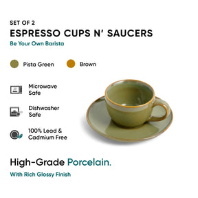 Set of 2 espresso cups and saucers with pista green color on a white background