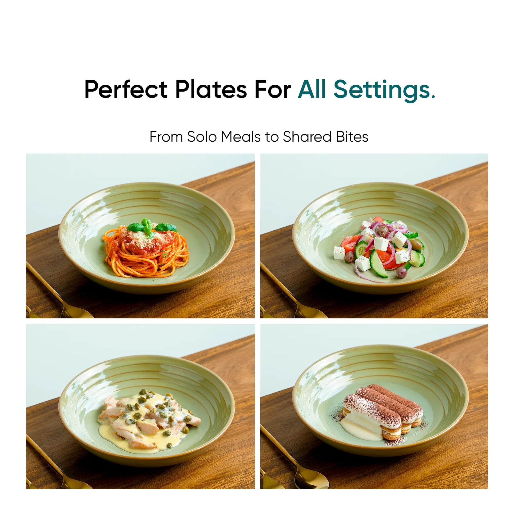 Collage of four green plates with different dishes on a wooden surface.