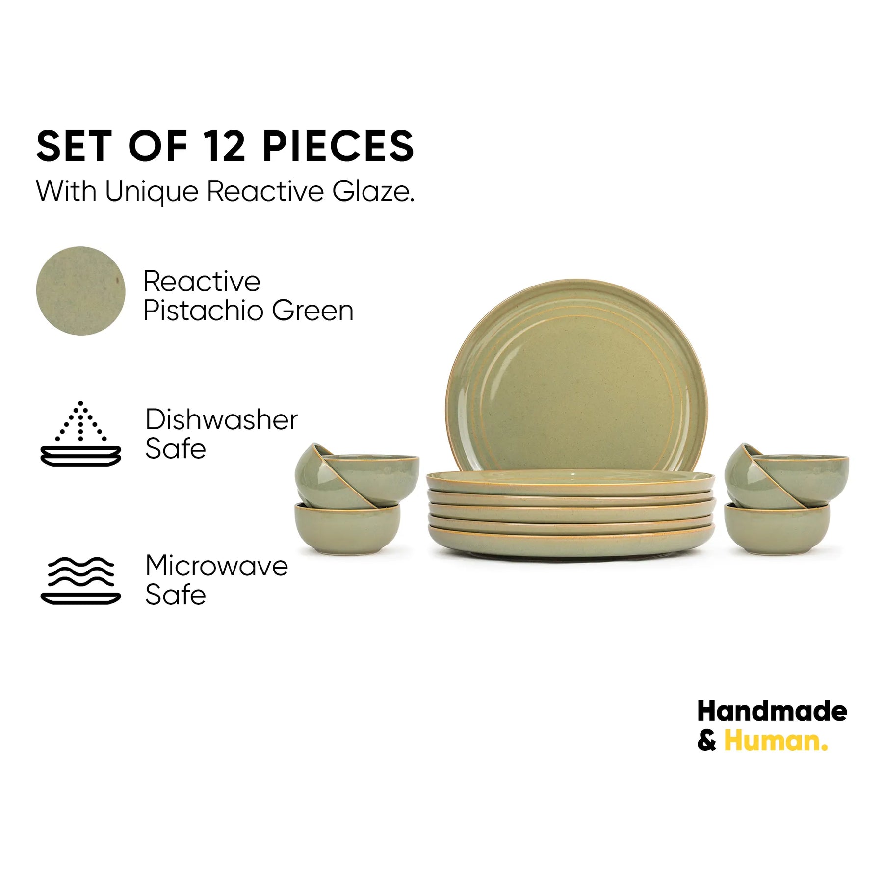 Set of 12 reactive glaze ceramic pieces in pistachio green with product features listed.