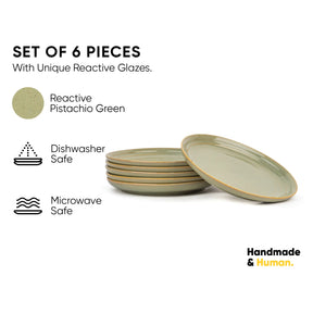 Set of 6 pistachio green ceramic plates with text about reactive glazes, dishwasher safety, and microwave safety on a white background.