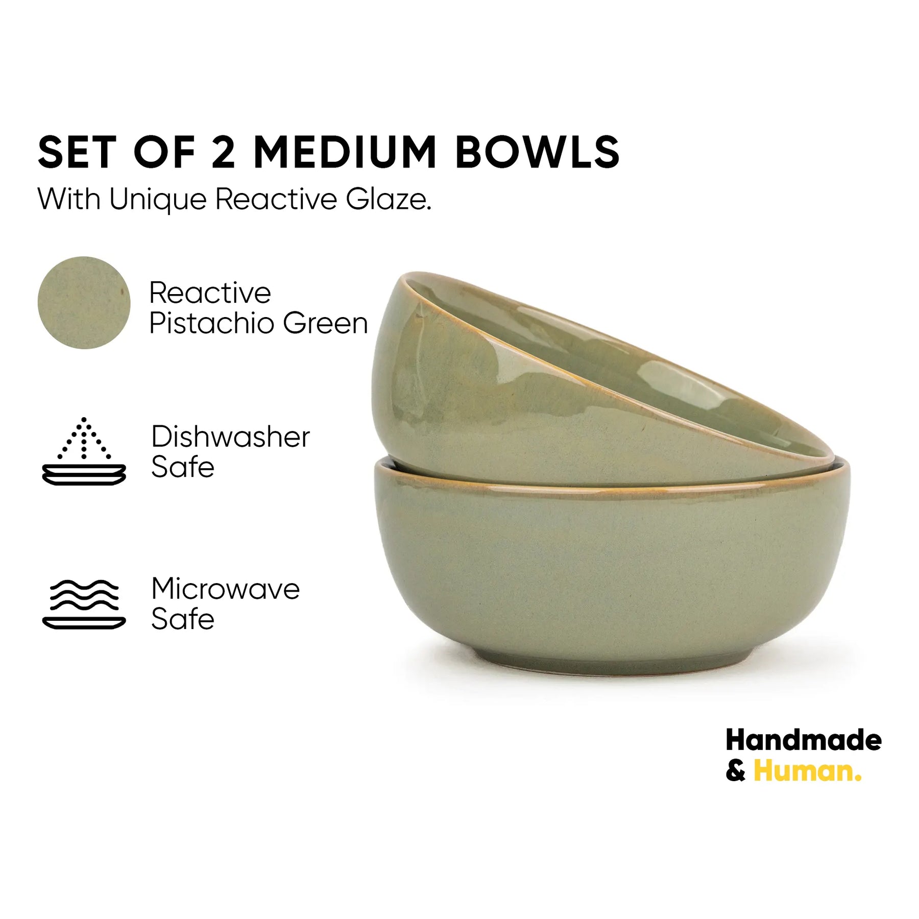 Set of two medium bowls with reactive glaze on a white background, featuring 'Handmade & Human' branding.