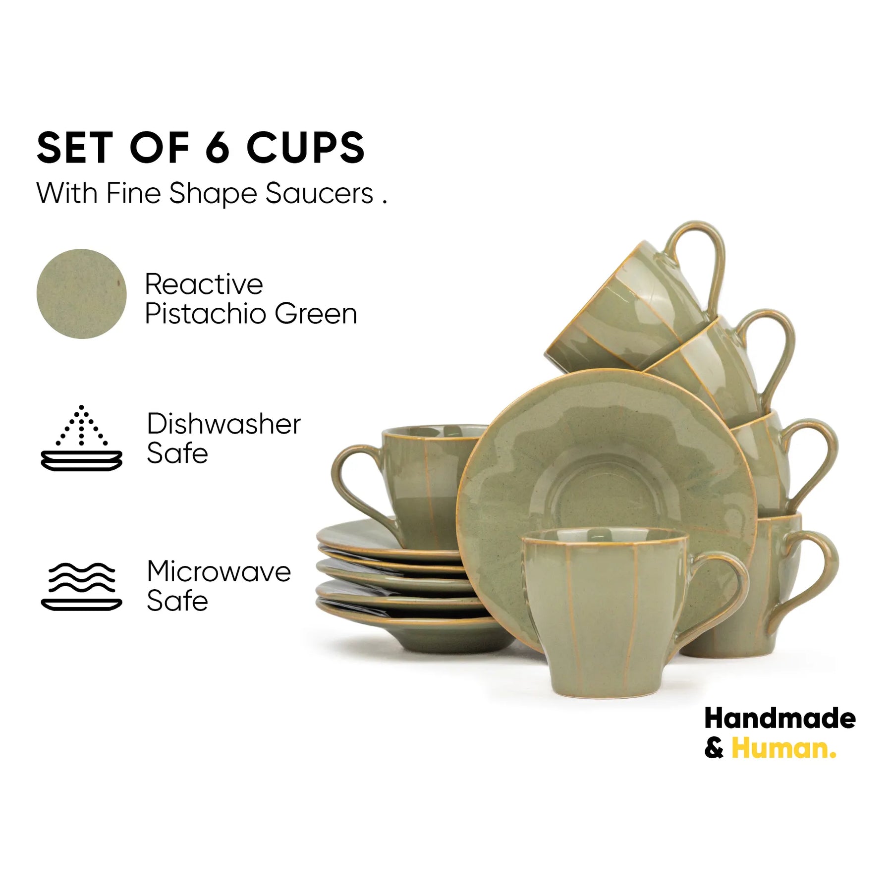 Set of 6 green cups with saucers on a white background, featuring 'Handmade & Human' branding.