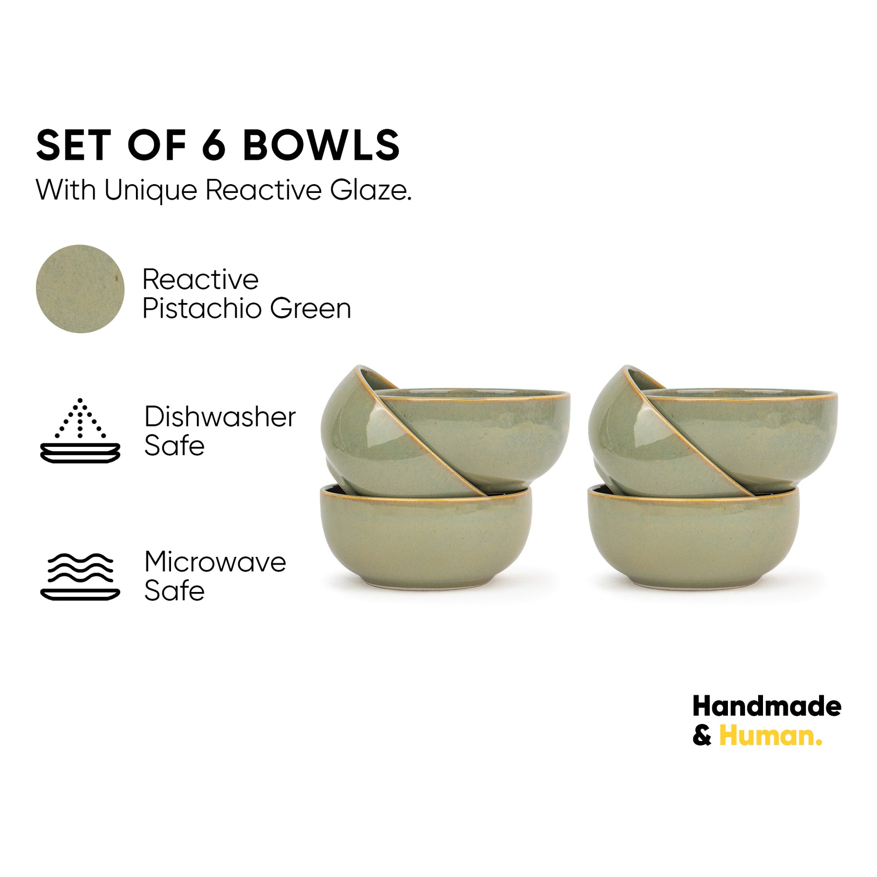Ceramic Veg Bowls Set of 6 for Dinner Pista | 180ml | Self Reactive Collection