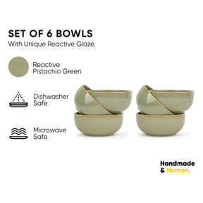 Set of 6 green bowls with reactive glaze, dishwasher and microwave safe, on a white background.