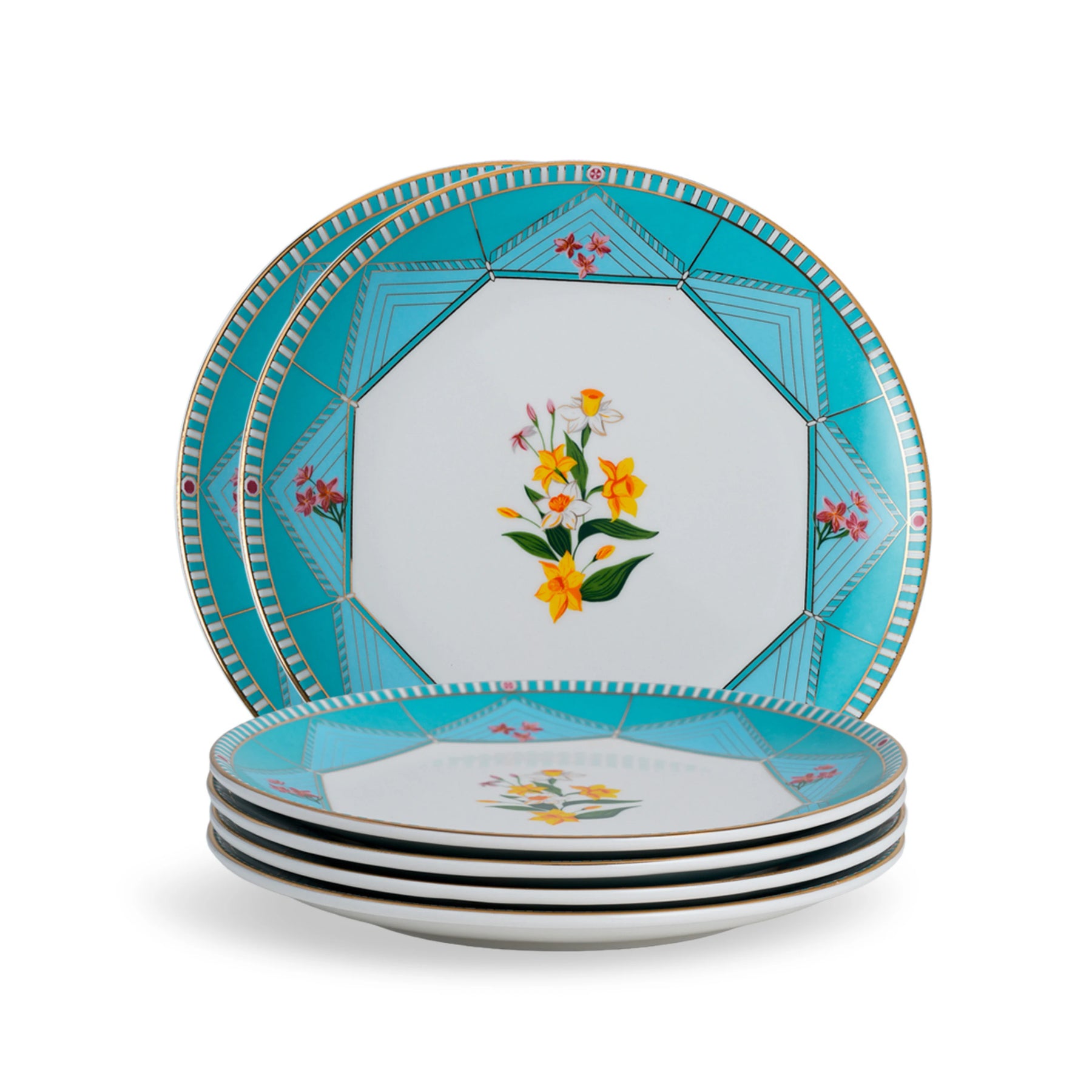 Set of four decorative plates with floral design on a white background