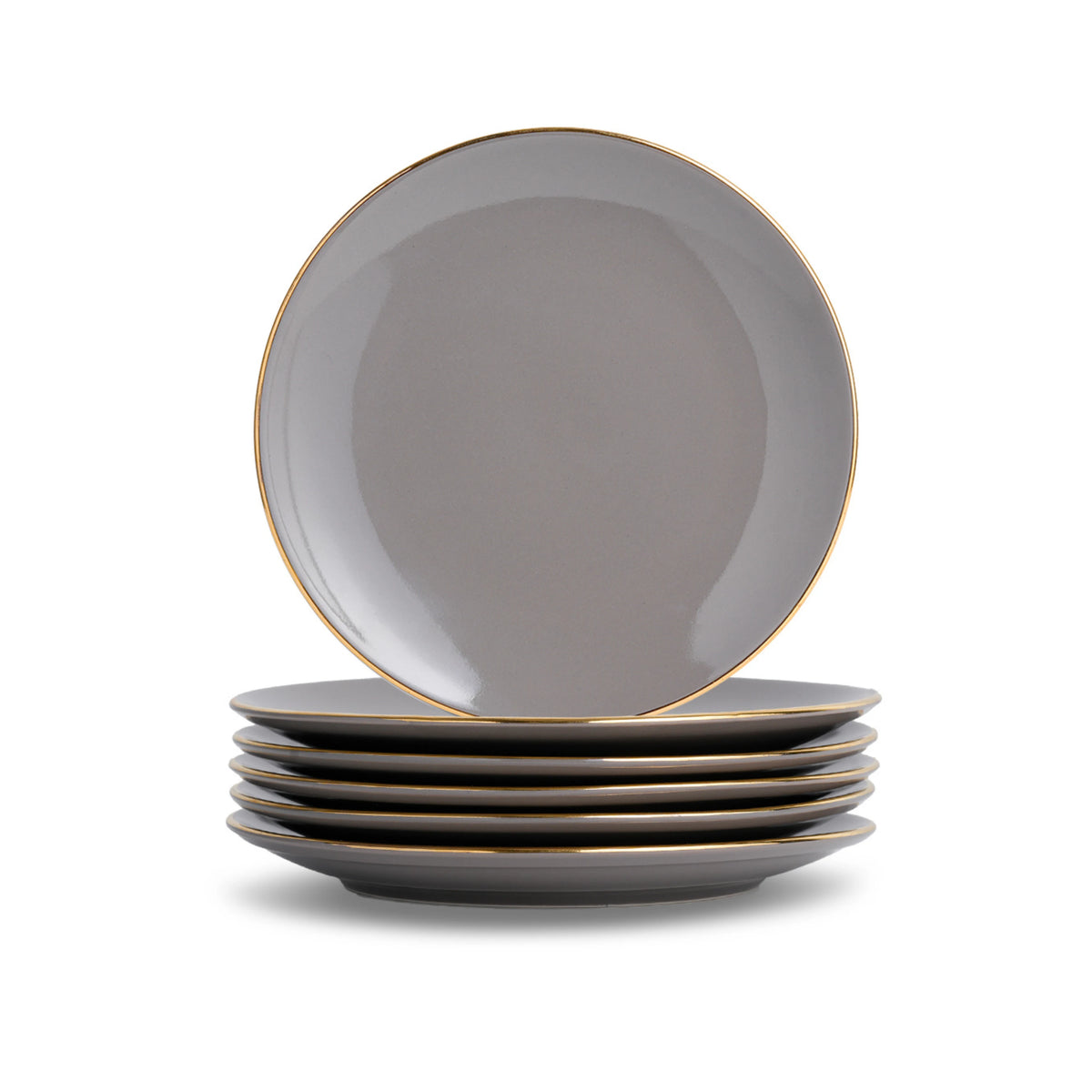 Set of gray plates with gold rims on a white background
