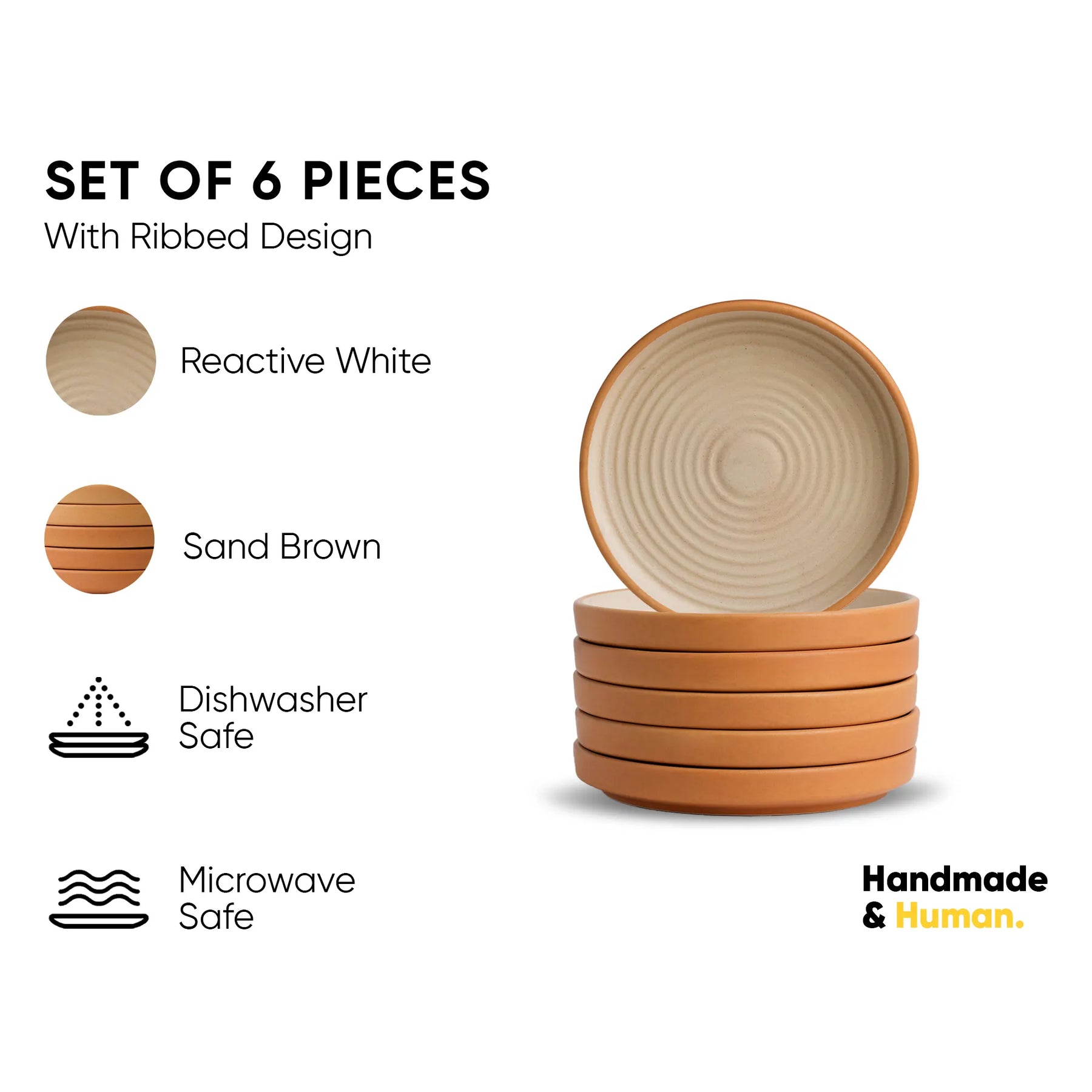 Set of 6 ceramic bowls with ribbed design, shown with color options and safety features on a white background.