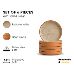 Set of 6 ceramic bowls with ribbed design, shown with color options and safety features on a white background.