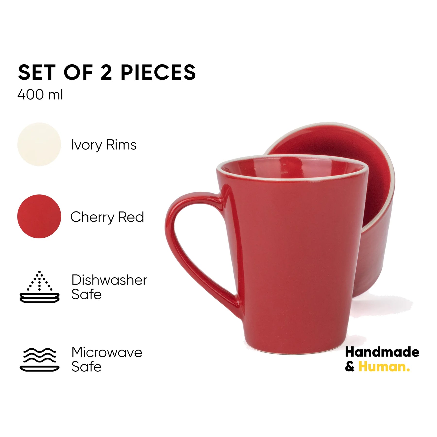 Red mug with cherry red rims on a white background, featuring product details and branding.