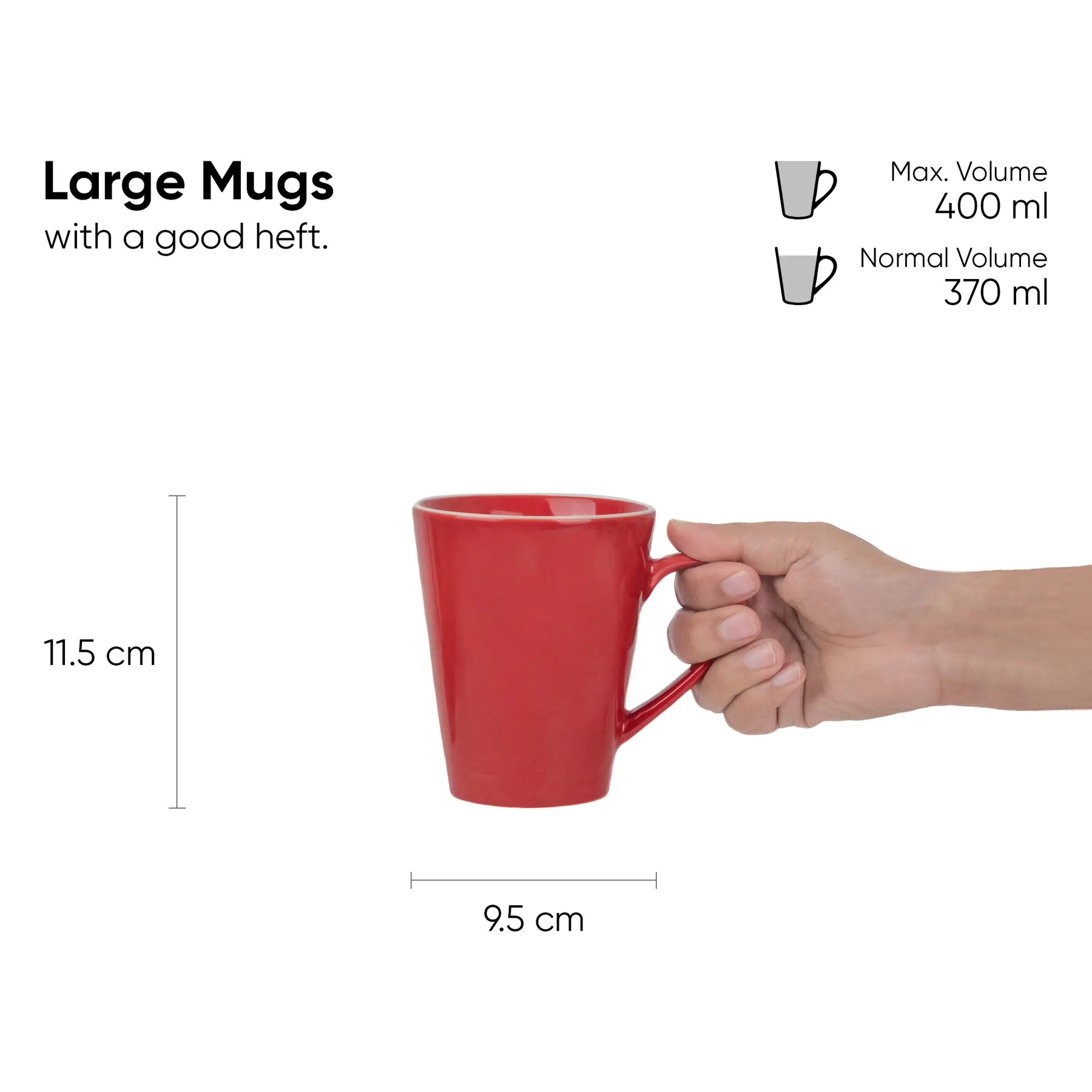Red mug held by a hand with measurements and volume details on a white background
