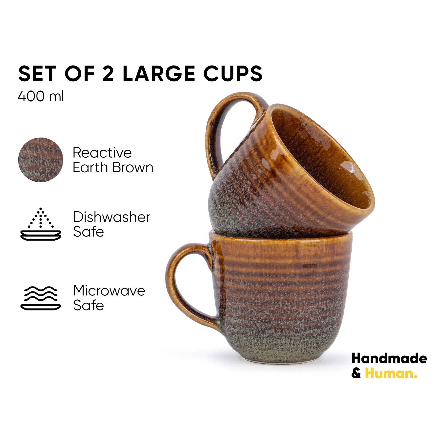 Set of 2 large brown ceramic cups with text on a white background