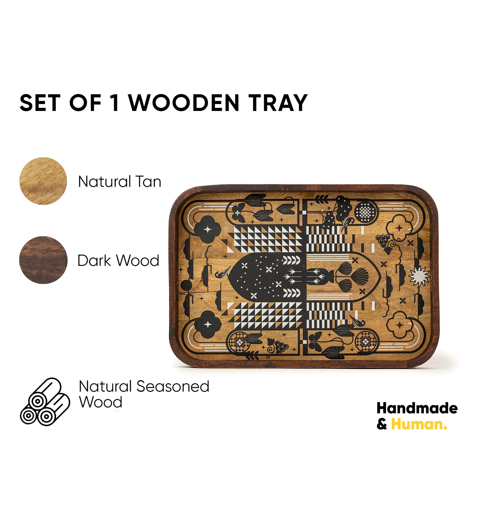 Wooden Tray Set For Serving, Set Of 1, Folk Floral | Wood Tray For Serving