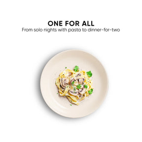 Plate of pasta with mushrooms and herbs on a white background, text 'ONE FOR ALL' above.