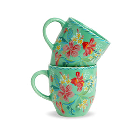 Two stacked floral mugs on a white background