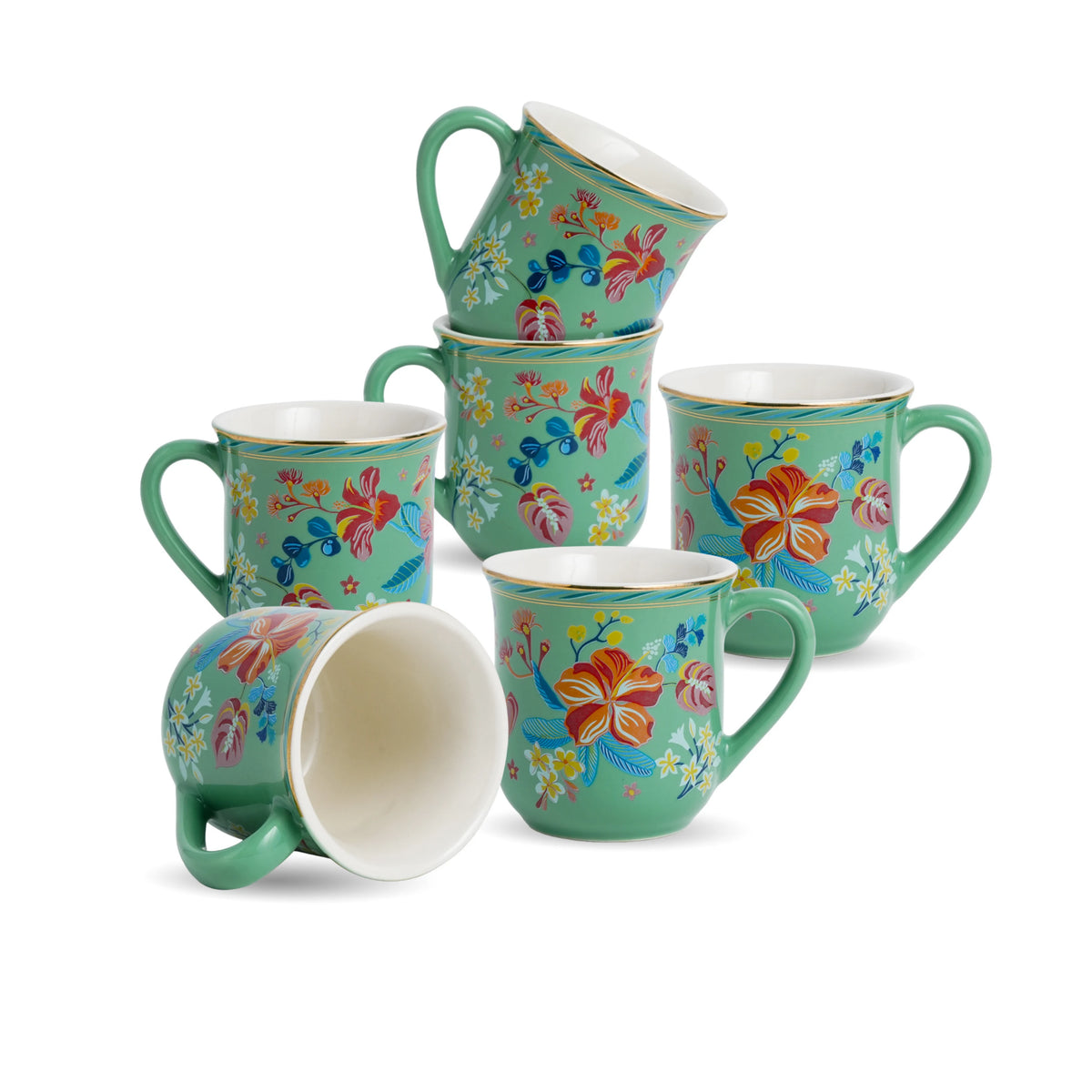 Set of six floral mugs with a turquoise background on a white background