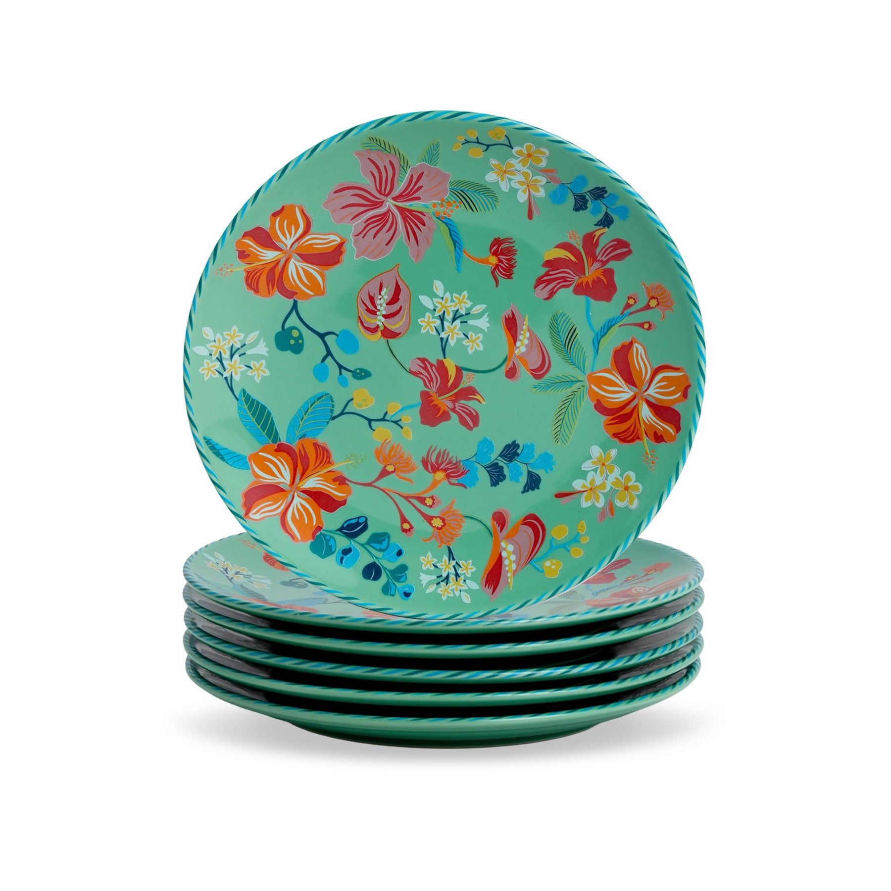 Set of floral-patterned plates on a white background