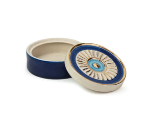 Shay Ceramic Cookie Jar, 1 Pc, Blue White and Gold | Glossy Finish | Premium Hamsa Decor Collection | Modern Tableware Online India