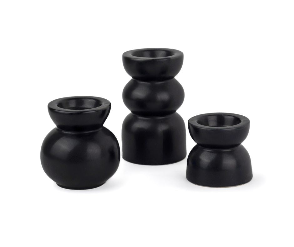 Shay Ceramic Tea Light Holder Set of 3, Black, Decor Collection | Zen Tea Light Holders for Home Décor | Tea Light Holder Ceramic | Modern Tableware Online India