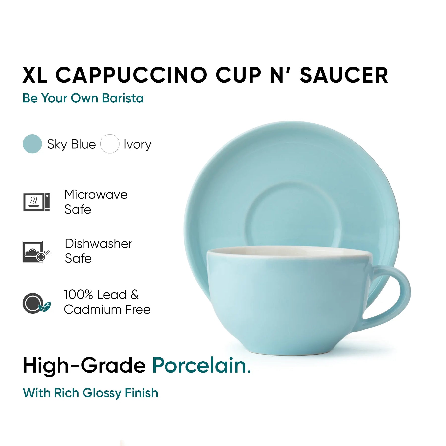 Light blue XL Cappuccino cup and saucer set with product details on a white background