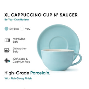 Large Light Blue Ceramic Coffee Cup & Saucer Set 320ml | XL Cuppa Collection