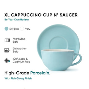 Light blue XL Cappuccino cup and saucer set with product details on a white background