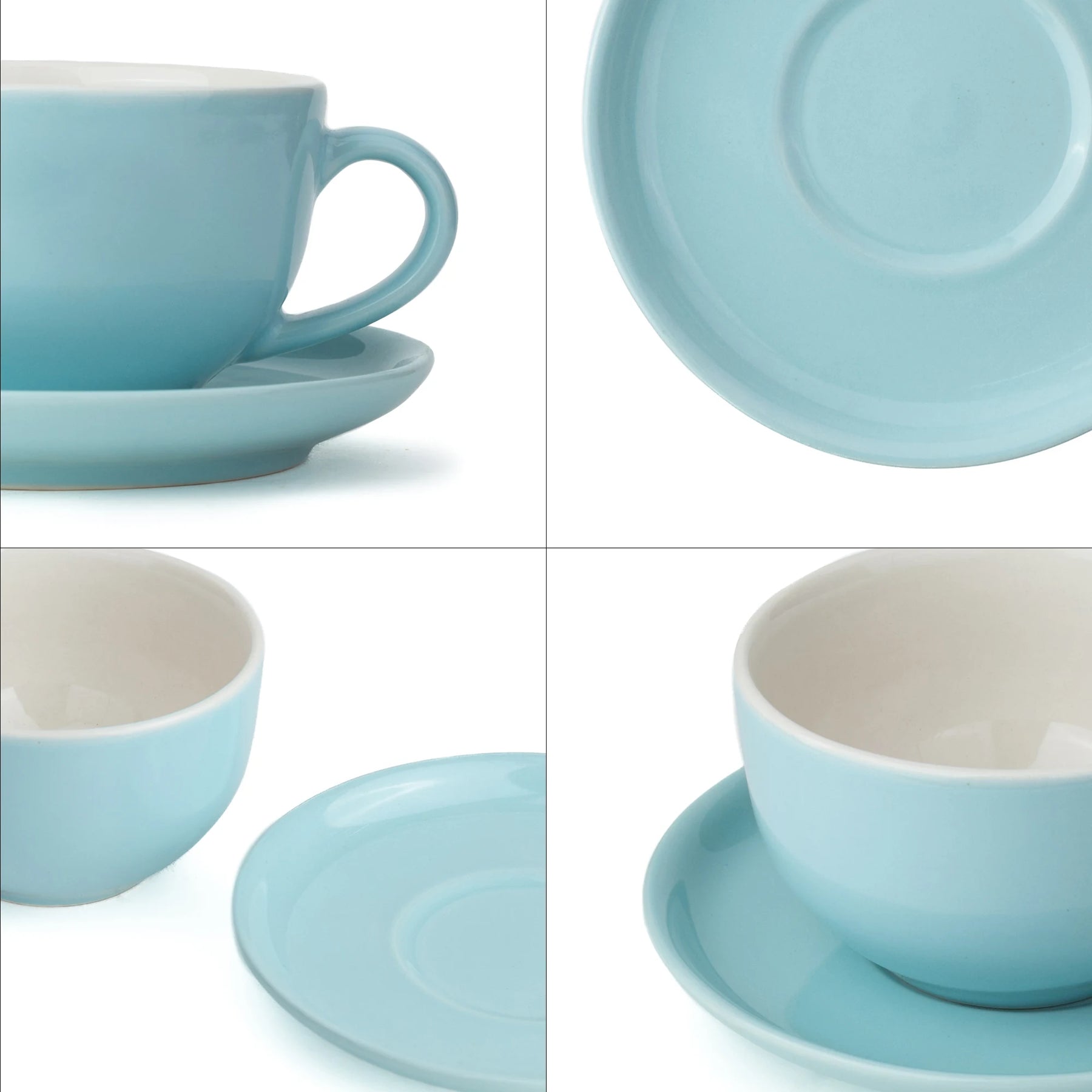 Collage of light blue ceramic cups and saucers on a white background